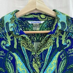 Nygard Button Front Roll Tap Sleeve Tie Front Blue Green & Paisley Petite Small